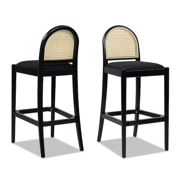 Panama 30.5 in. Curved Back Cane Rattan Bar Stool, Set of 2, Ebony Black Boucle
