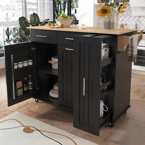 Black Rubber Wood Top 46 in. Kitchen Island with 3-Tier Pull Out Cabinet Organizer, Drop Leaf and Internal Storage Rack