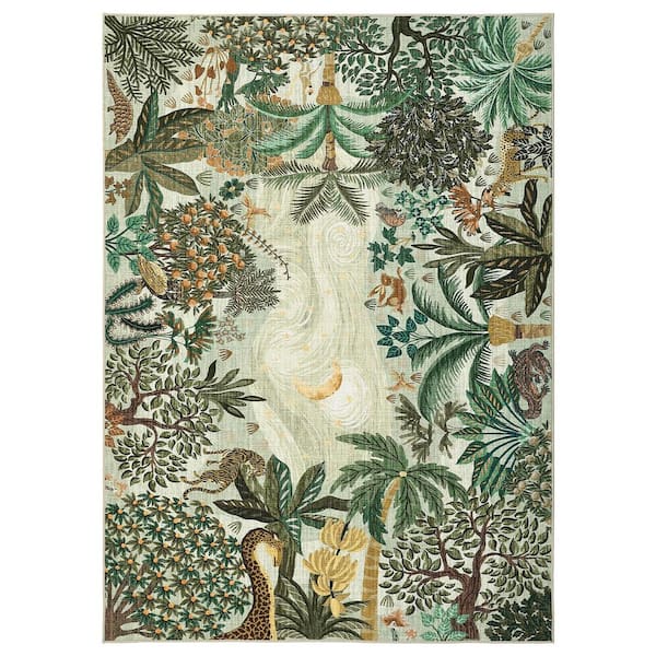 Green 8 ft. x 10 ft. Jungle Plant Print Rug Machine Washable Ultra