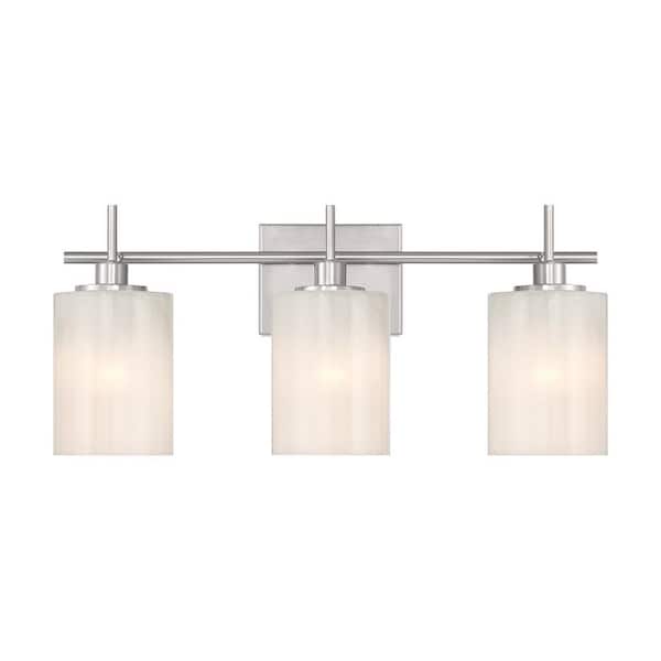 Meridian 22 in. W x 9.75 in. H 3-Light Brushed Nickel Modern Bathroom Vanity Light with White Strie Glass Shades