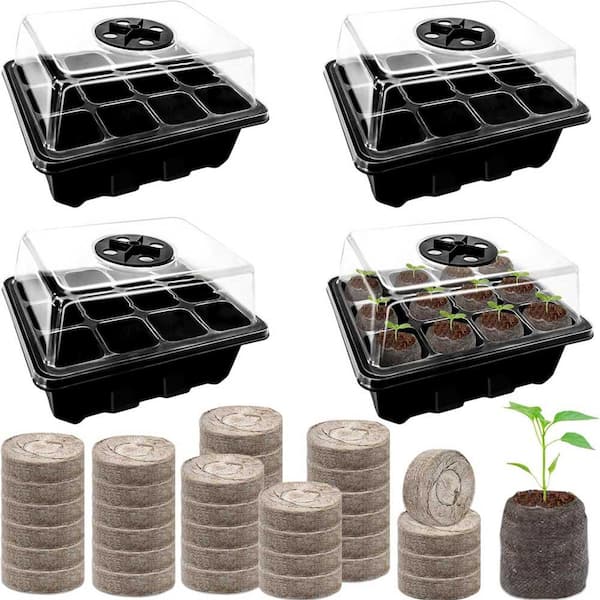 Seed Starter Kit 4-Pack 48 Cells Black with Peat Pellets for Organic Seedlings Vegetables Flowers Planting