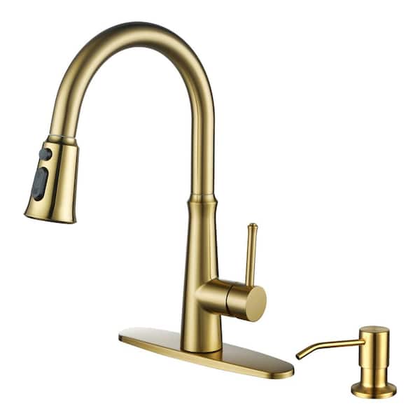 IVIGA Stainless Steel Single Handle Pull Down Sprayer Kitchen Faucet with 3-Mode Advanced Spray, Soap Dispenser in Gold