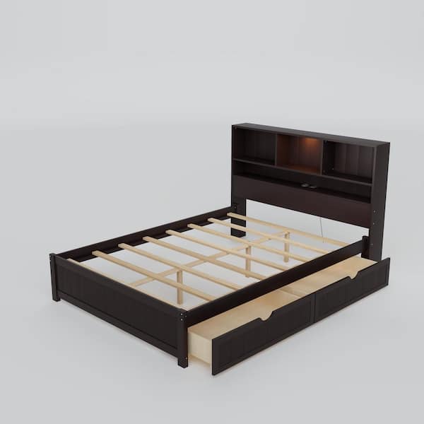 Brown Wood Frame Twin Platform Bed with Bookcase Headboard