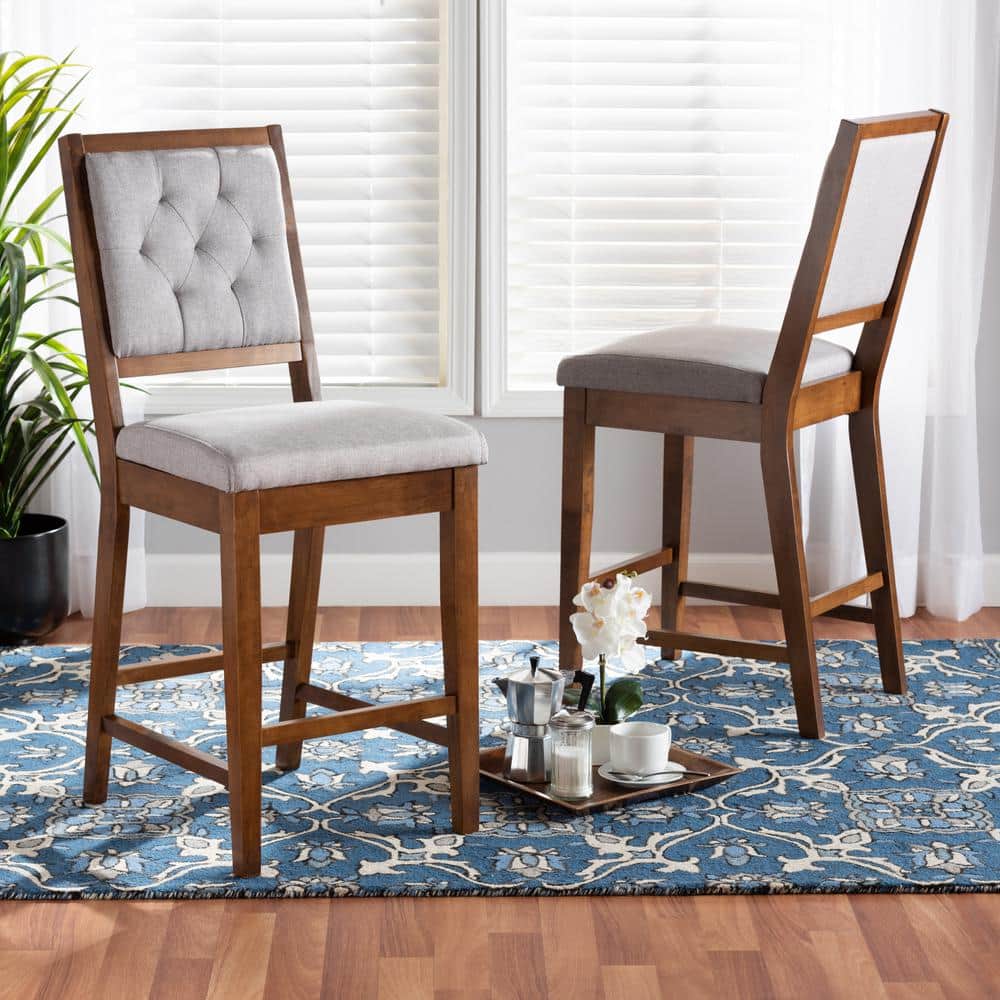 Elegant Grey Fabric and Walnut Brown Wood Counter Stool Set