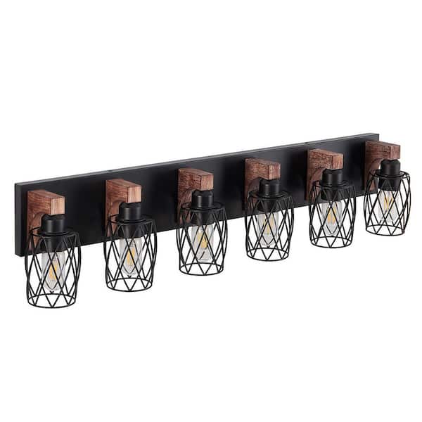 37.6 in. Industrial Vintage 6-Light Bathroom Vanity Light, Black Cage Wall Lighting Fixture (Bulb Not Included)