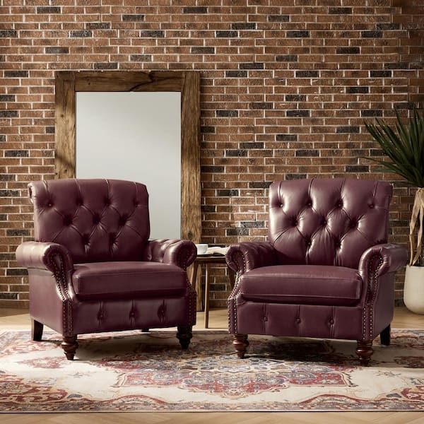 JAYDEN CREATION Ivo Burgundy 36.5 in. W Traditional Oil Wax Genuine Leather Arm Chair (Set of 2）
