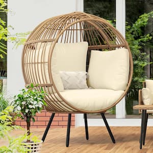 Yellow Wicker Patio Outdoor Indoor Basket Egg Chair with Beige Cushion for Patio, Balcony, Bedroom