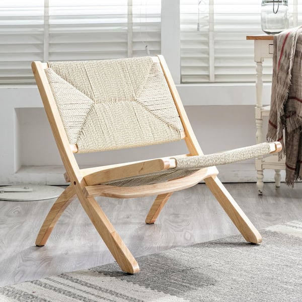 LUE BONA 22.8 in. Wide Beige Mid-Century Folding Wood Accent Chair