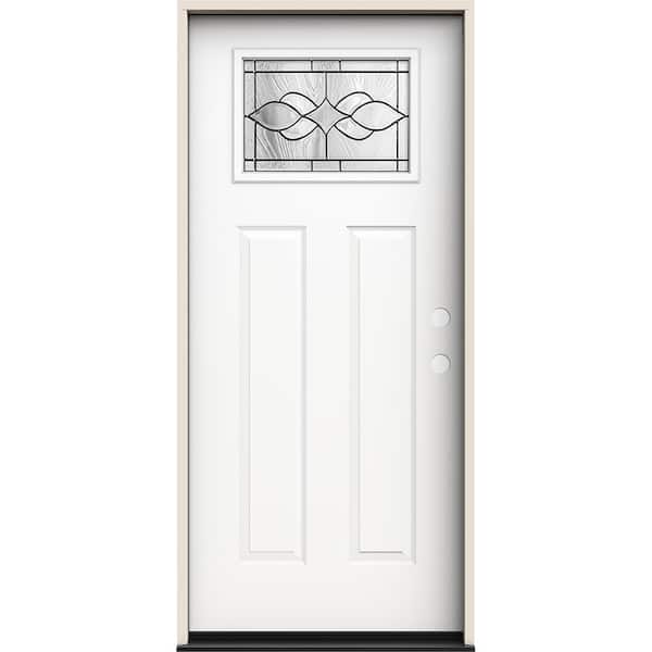 JELD-WEN 36 in. x 80 in. Left-Hand/Inswing Craftsman Carillon Decorative Glass Modern White Steel Prehung Front Door