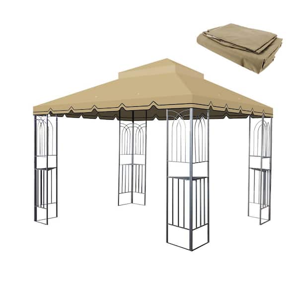 10 x 10 ft. Khaki Polyester Patio Gazebo Replacement Canopy, 2-Tier Tent Roof Top with Great Wall Border (Cover Only)