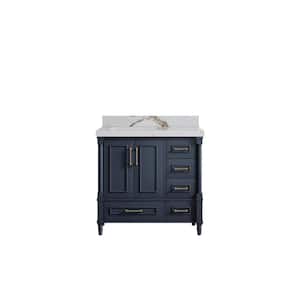 Hudson 36 in. W x 22 in. D x 36 in. H Left Offset Sink Bath Vanity in Navy Blue with 2 in. Calacatta Gold qt. Top