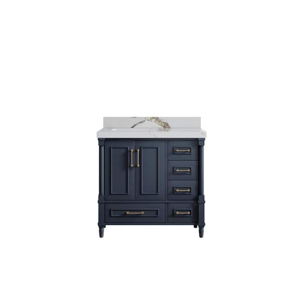 Willow Collections Hudson 36 in. W x 22 in. D x 36 in. H Left Offset Sink Bath Vanity in Navy Blue with 2 in. Calacatta Gold qt. Top