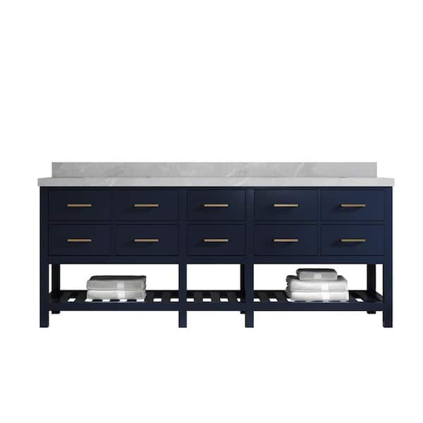 Willow Collections Parker 84 in. Double Sink Freestanding Navy Blue Bath Vanity with Pearl Gray Qt. Top Unassembled