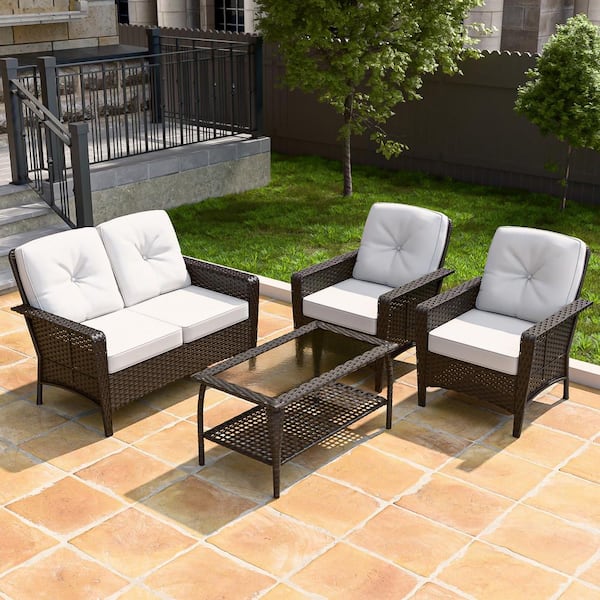 EAGLE PEAK 4-Piece Brown Patio Outdoor Furniture Wicker Conversation Set with Beige Cushions, 1-Loveseat, 2-Chairs and Coffee Table
