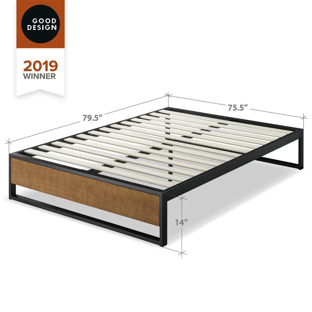 King Size Brown Pine and Metal Platform Bed with Headboard