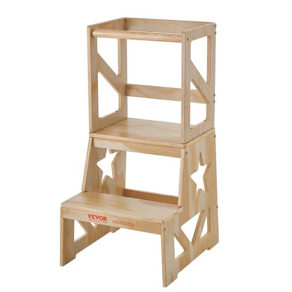 VEVOR Toddler Step Stool for Kids Natural Pine Wood Toddler Kitchen Stool with Safety Rail 150lbs Loading Capacity Standing Tower Learning Stool