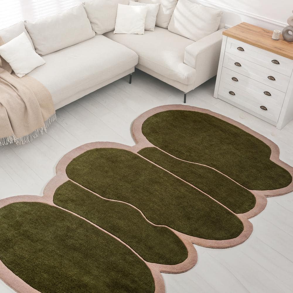 Whimsical Green and Pink Handwoven Wool Kids Rug