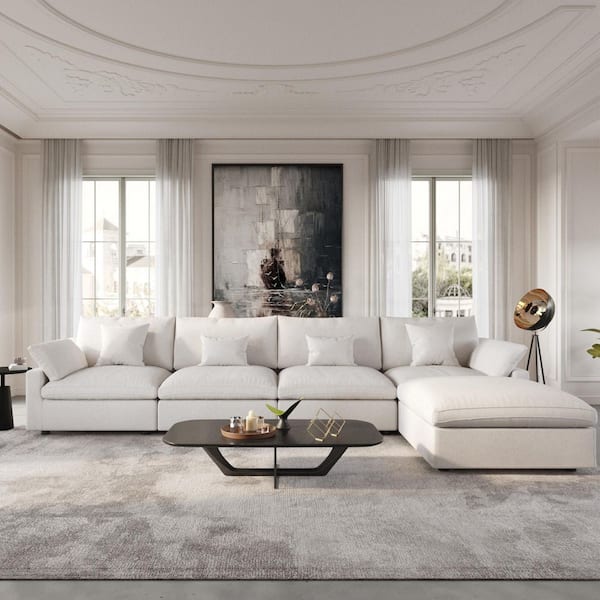 J&E Home 155.9 in. Slope Arm 5-Piece L-Shaped Linen Modern Oversize Modular Sectional Sofa Couch in Beige with Ottoman