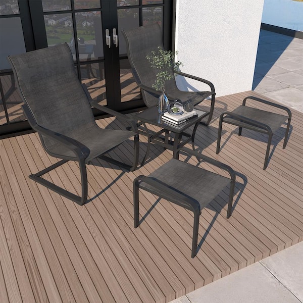 CASAINC Black 5-Piece Metal Patio Conversation Deep Seating Set with Textilene Fabric Footstool
