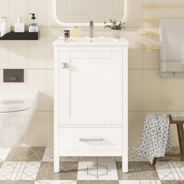 FAMYYT 20 in. W Freestanding White Solid Wood Frame Bath Vanity Cabinet with White Ceramic Top, Adjustable Foot Pads
