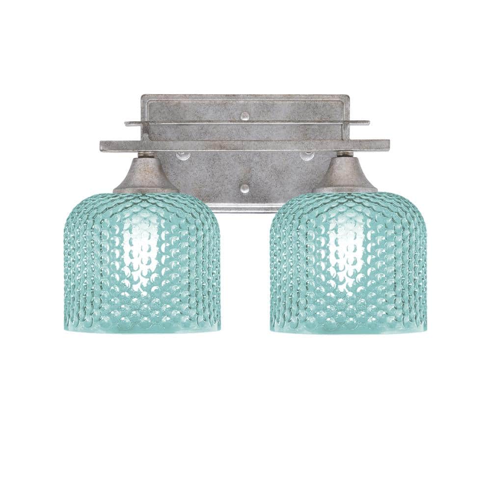 Ontario 13 in. 2-Light Vanity Light Aged Silver Turquoise Textured Glass Sh