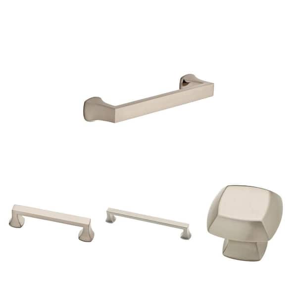 Mandara Satin Nickel Bar Pulls: 5-1/16 in. (128 mm), 3-3/4 in. (96 mm), 6-5/16 in. (160 mm) and 1-1/4 in. (32 mm) Knob