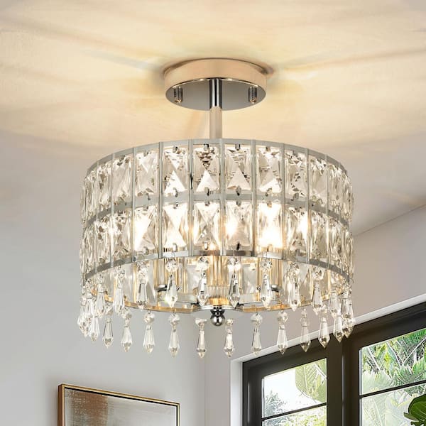 Henveton Essel 12.6 in. 1-Light Chrome Crystal Semi-Flush Mount with Drum Shade, Modern Close to Ceiling Lighting