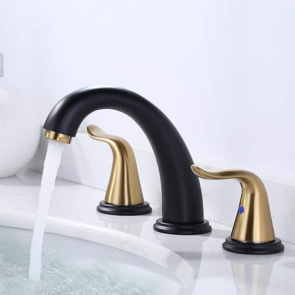 8 in. Widespread Bathroom Faucet with Pop Up Drain, 3 Hole Bathroom Sink Lavatory Faucet in Gold and Black