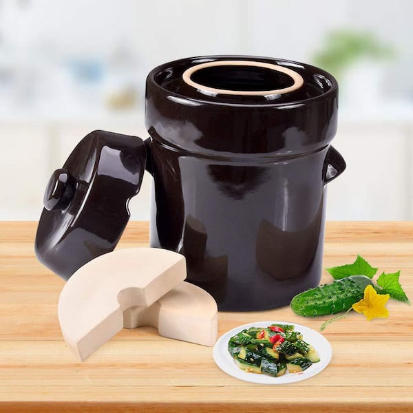 SEEUTEK Brown Fermentation Crock Jar 10 Liter/2.6 Gallon - Stoneware Pot  for Fermenting, Pickling Kimchi with Stone Weights BZ-566 - The Home Depot