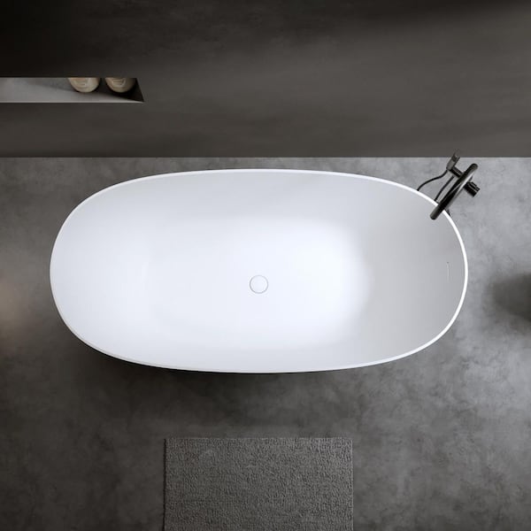 Moray 61 in. x 31 in. Solid Surface Stone Resin Flat Bottom Freestanding Thin-Edge Soaking Bathtub in Matte White
