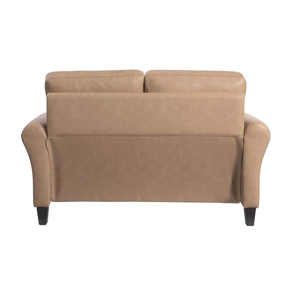 Brown Faux Leather Loveseat with Rolled Arms and Tapered Legs