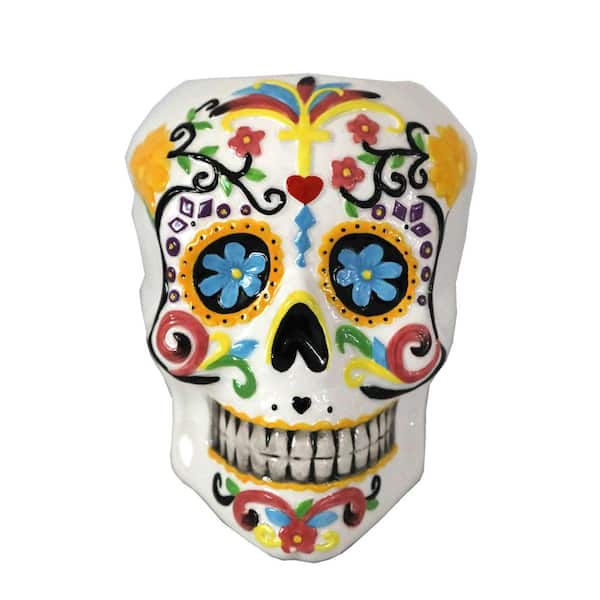 7 in. DOD Ceramic Skull with Orange Floral Art