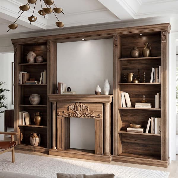 86.5 in. Tall Dark Brown Wood 10-Shelf Accent Bookcase without Electric Fireplace, TV Storage Opening For Living Room