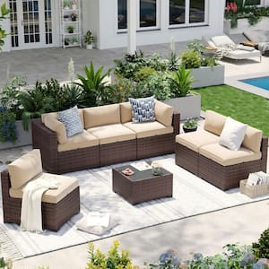 Sizzim Black 7-Piece Wicker Rattan Outdoor Sectional Patio Conversation ...