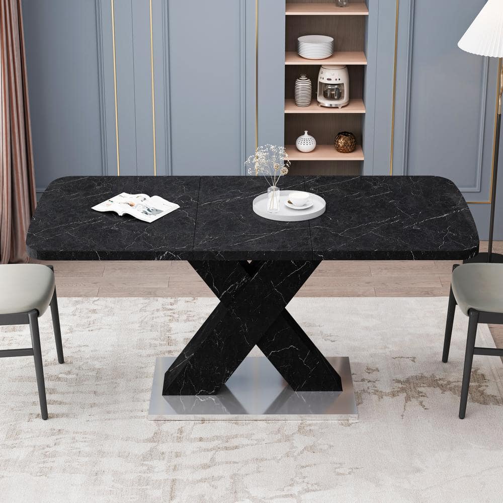 J&E Home 63 in. Black Rectangular Wood Top Stretchable Dining Table ...