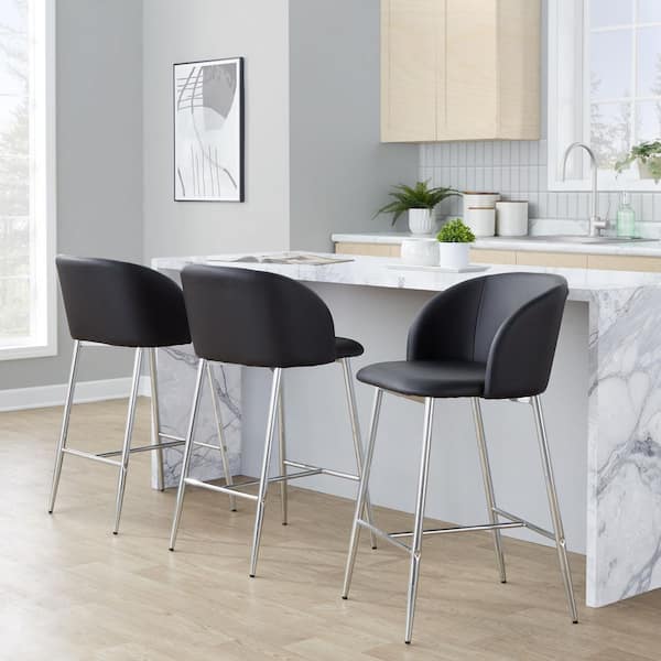 Lumisource Fran 26 in. Silver Metal and Black Faux Leather Fixed-Height Counter Stool (Set of 2)