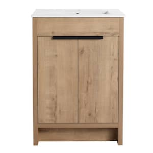 24 in. W x 18.3 in. D x 34.3 in. H Single Sink Free-Standing Bath Vanity in Brown with White Ceramic Top