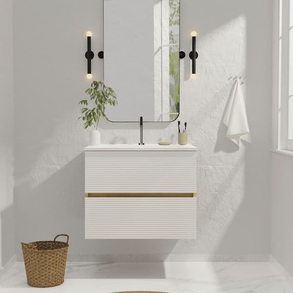 24 in. Wall-Mounted Floating Bath Vanity in Natural Oak and White with Single Ceramic Sink Top in White