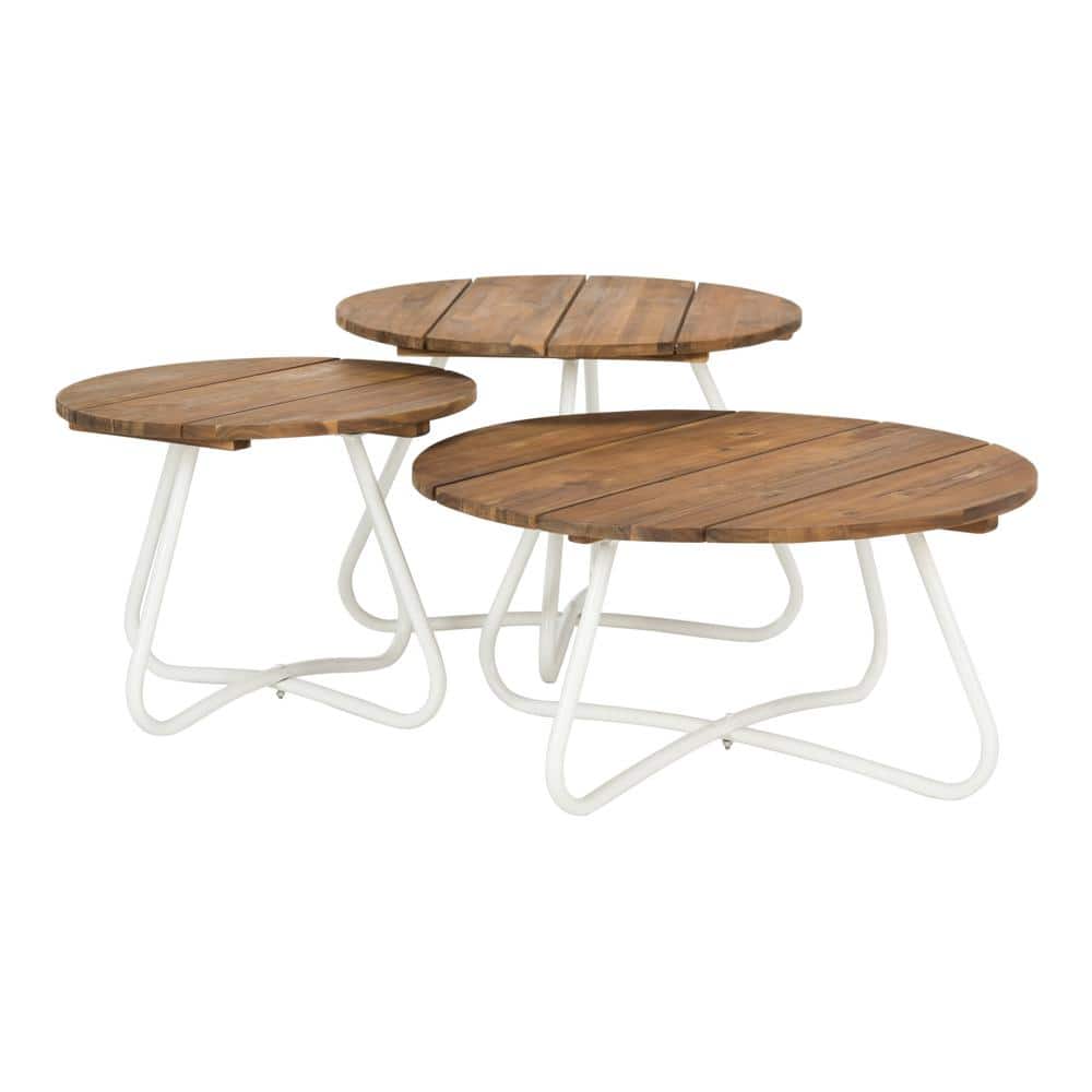 Transitional Acacia Wood 3-Piece Round Coffee Table Set, Brown/White