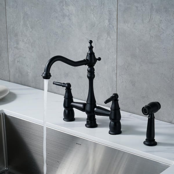 4 Hole Double Handle Bridge Kitchen Faucet with Side Sprayer Deck Mount in Matte Black