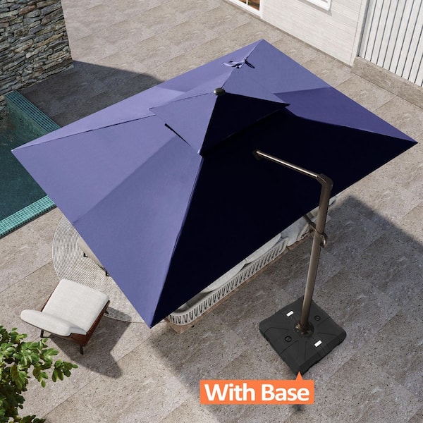 10 ft. x 13 ft. Heavy Duty Aluminum Cantilever Offset Tilt 360° Rotation Patio Umbrella in Navy Blue and Umbrella Base
