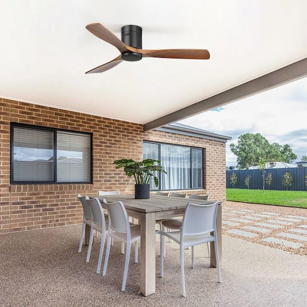 52 in. Indoor/Outdoor Smart Standard Flush Mount Black Solid Wood Ceiling Fan without Light, Remote/APP Control