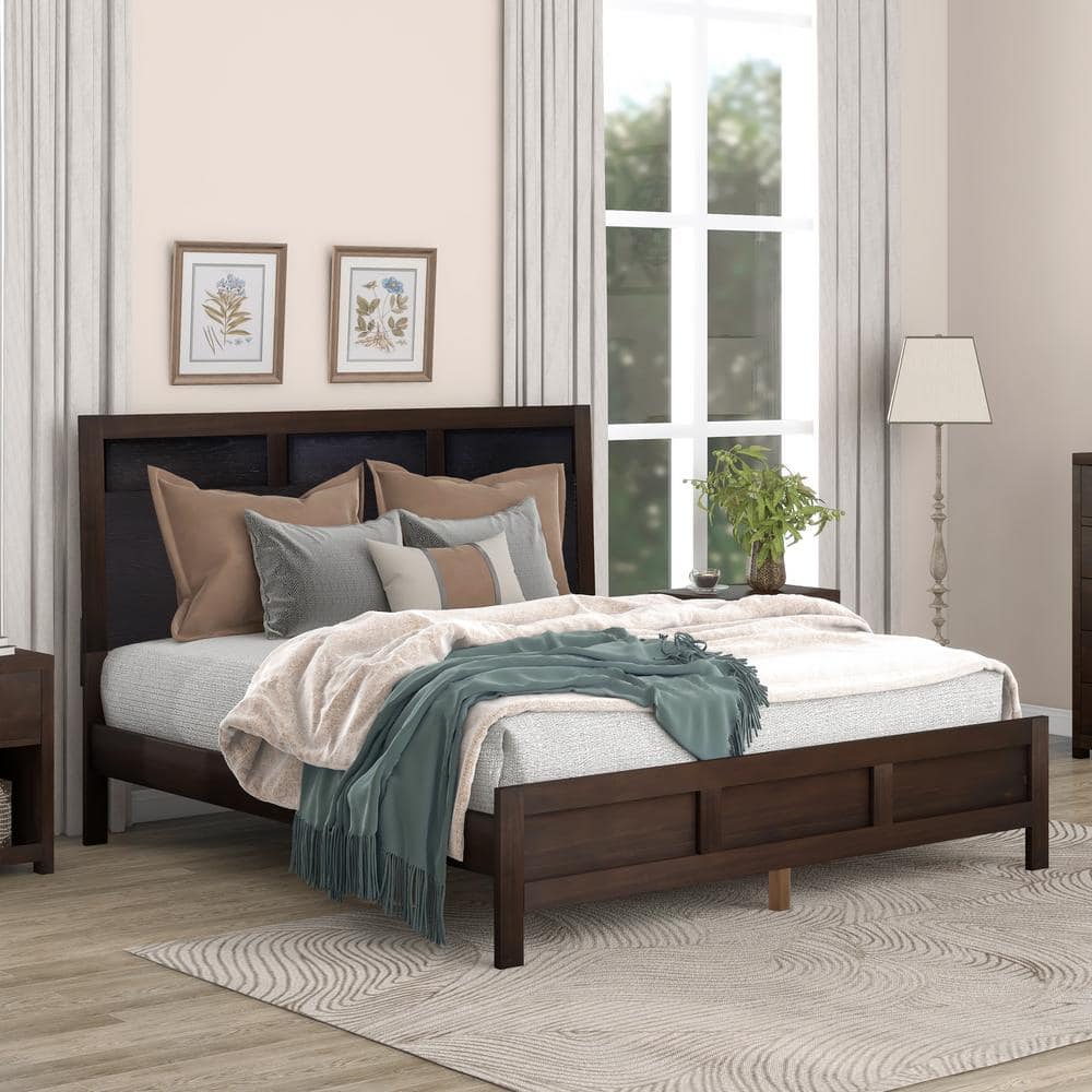 GOJANE 83.00 in. W Rich Brown Wood Frame King Classic Platform Bed No ...