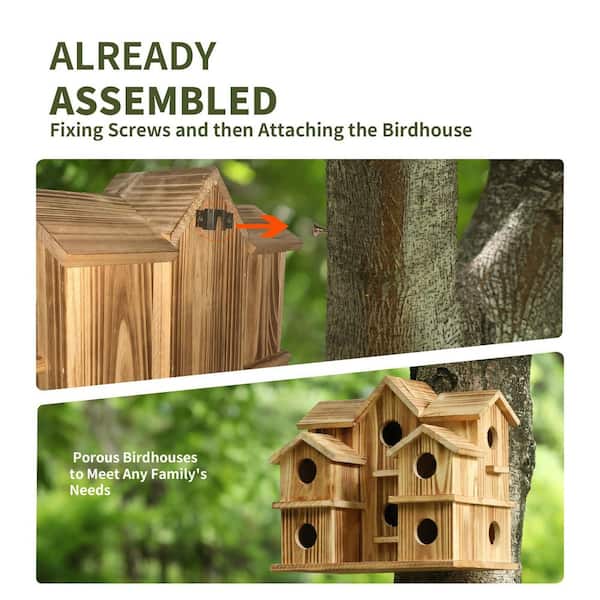 OGETFUUR 10-Hole Wood Birdhouse Garden Courtyard Backyard Decor