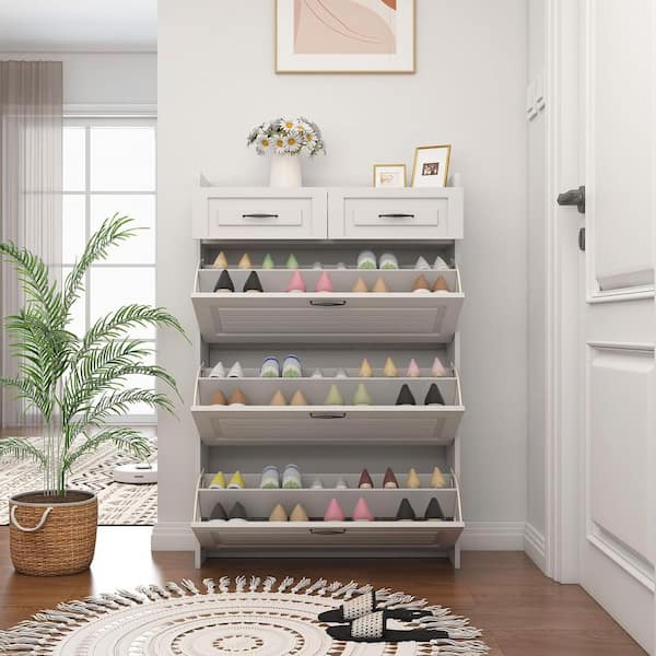 41.7 in. H x 23.6 in. W White Wood Narrow Shoe Storage Cabinet with Mirror Wood Slim Shoe Rack 3-Tier Shoe Organizer