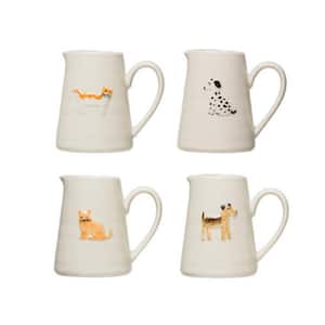 3.5 fl.oz Multi Color Stoneware Pitchers with Hand-Painted and Embossed Cat and Dog Designs (Set of 4)