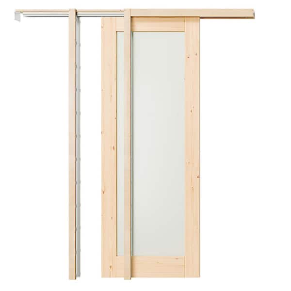 30 in. x 80 in. Full Lite, Pre-Assembled Panel, Tempered Frosted MDF, Light Brown Primed Pocket Door Frame with Hardware