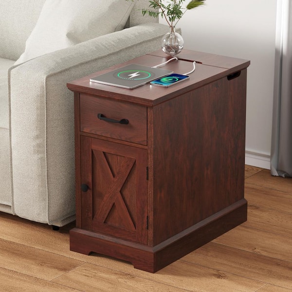 Farmhouse 13.78 in. Brown Rectangle Particle Board End Table with Outlets, Adjustable Shelves and Barn Door