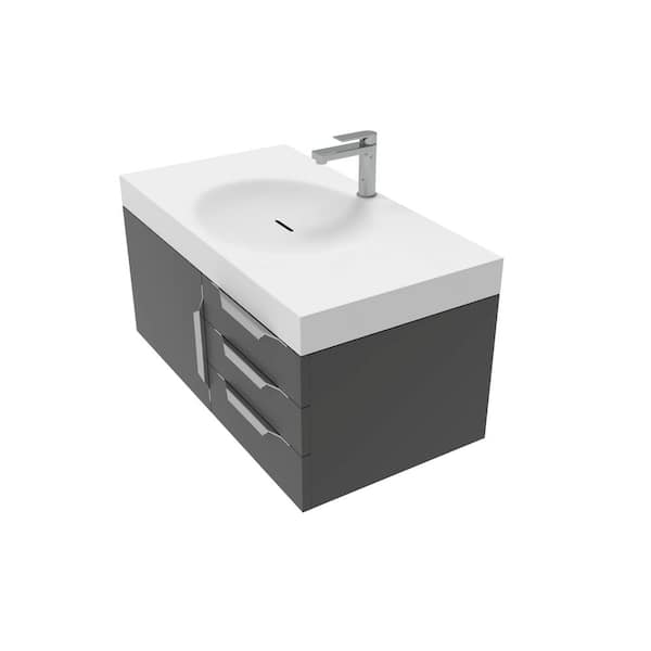 castellousa 36 in. W x 19 in. D x 16.25 in. H Single Floating Bath Vanity in Matte Black w/ Chrome Trim w/ Solid Surface White Top
