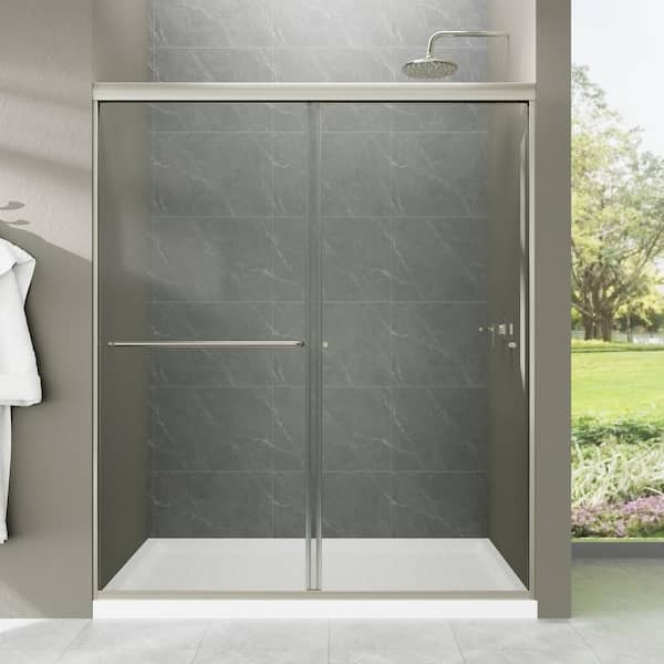 WELLFOR 60 in. W x 70 in. H Double Sliding Frameless Shower Door in Brushed Nickel with 6 mm Clear Glass